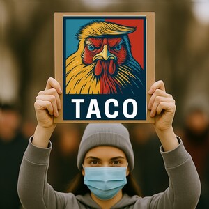 May include: A person holding a sign with a cartoon rooster with yellow hair, red comb, and blue eyes. The sign has the word "TACO" in white letters on a navy blue background.