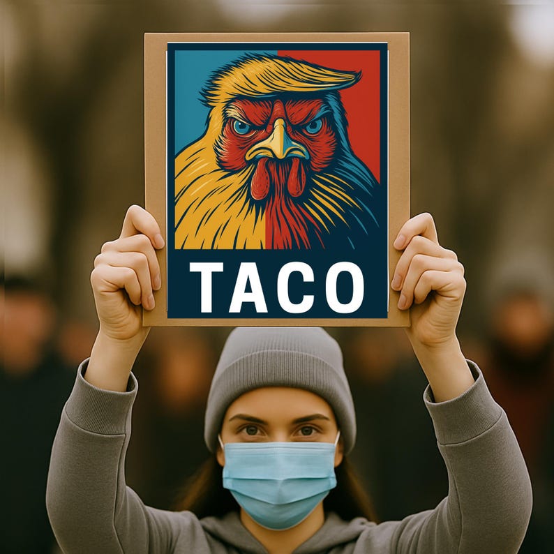 May include: A person holding a sign with a cartoon rooster with yellow hair, red comb, and blue eyes. The sign has the word "TACO" in white letters on a navy blue background.