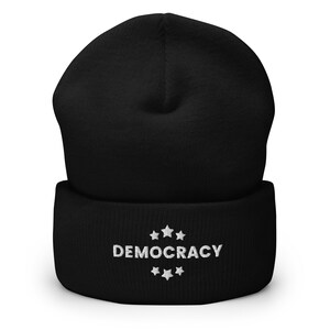 Democracy Knit Beanie, Embroidered, Unisex, One Size, Multiple Colors, Democracy Hat, Democracy Gift, Vote Hat, Democrat Hat, Anti Trump Hat