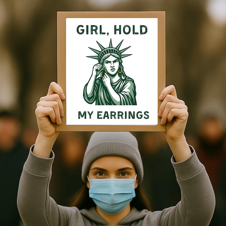 May include: A person holding a sign with the text "GIRL, HOLD MY EARRINGS" above a green and white illustration of the Statue of Liberty. The person is wearing a grey beanie, a blue face mask, and a grey sweatshirt.