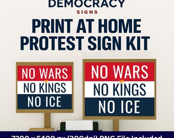 No Wars No Kings Protest Sign - Printable Anti Trump Sign - PDF and High Res PNG Files Included - Print 4 Pages from Home for Larger Signs