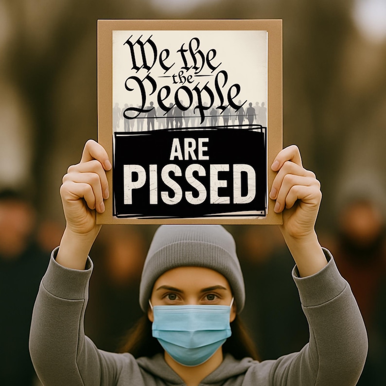 May include: A person holding a sign with the words "We the People" above a black banner that reads "ARE PISSED". The sign is in a brown frame. The person is wearing a grey beanie, a blue face mask, and a grey sweatshirt.