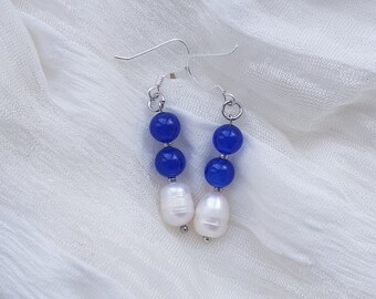 Blue Chalcedony and Freshwater Pearls, Silver 925 Earrings, Dangle Drop Earrings, Gemstone Earrings, Ball Dangle Earrings, Handmade Earrings