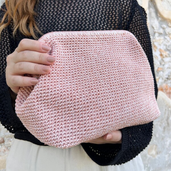 Bolso clutch de bolsa de macramé de ganchillo rosa polvo, bolso de bola de masa de verano, embrague de playa personalizado, embrague de macramé natural boho, regalo del Día de las Madres