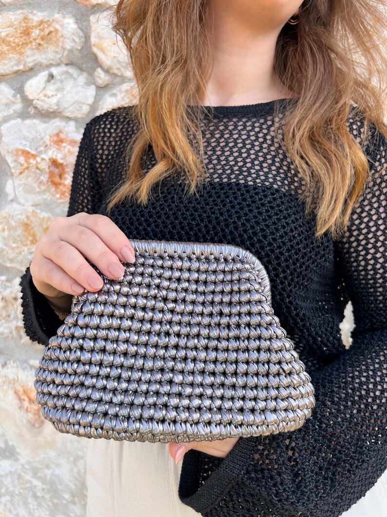 Silver Evening Knitting Metallic Clutch Bag, Glossy Metallic Clutch ...