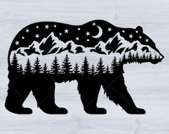 Mountain bear silhouette Svg, Bear mountain Svg, Mountain scenery Svg, Night sky Svg, Pine Trees