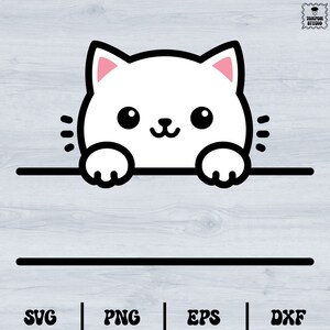 Puede incluir: Un gato de dibujos animados blanco con ojos negros y una nariz rosa asoma por encima de una línea negra. El gato tiene una expresión feliz y mira al espectador.