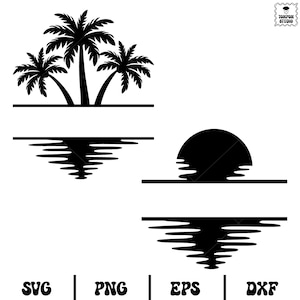 May include: Black silhouette of three palm trees with a horizontal line below. Below the line is a reflection of the palm trees in the water. The second image is a black silhouette of a sun setting over the water with a horizontal line below. Below the line is a reflection of the sun in the water.