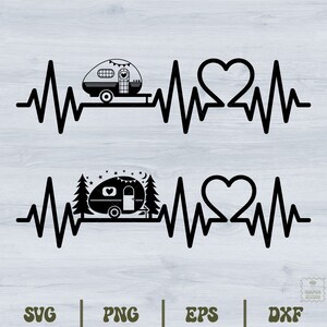 May include: Two black and white illustrations of a camper van with a heartbeat line and a heart. The top image shows a camper van with a heartbeat line and a heart. The bottom image shows a camper van with a heartbeat line and a heart, with a pine tree and a crescent moon behind the camper van.