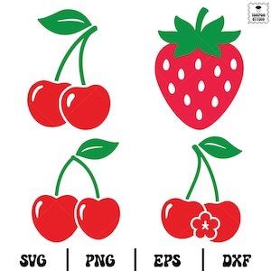 May include: A collection of fruit-themed vector graphics, including two cherries, a strawberry, and a pair of cherries with a flower. The designs are in red, green, and white, with the text "SVG | PNG | EPS | DXF" at the bottom.