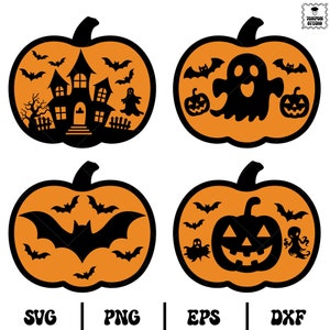 May include: Four orange pumpkin designs with black silhouettes for Halloween. Each pumpkin features a different design: a haunted house, a ghost with pumpkins, a bat, and a jack-o'-lantern. The bottom of the image displays the file types: SVG, PNG, EPS, and DXF.