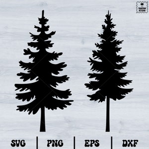 Puede incluir: Dos imágenes en silueta negra de pinos sobre un fondo de madera gris claro. Los árboles son idénticos en forma y tamaño. Las imágenes están etiquetadas con los formatos de archivo SVG, PNG, EPS y DXF.