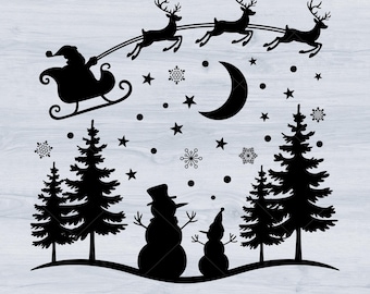 冬の風景 SVG、クリスマス村 SVG、サンタのそり SVG、雪だるま SVG、クリスマスサンタ SVG