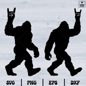 May include: Two black silhouette images of Bigfoot walking with one hand raised in a rock and roll hand gesture.