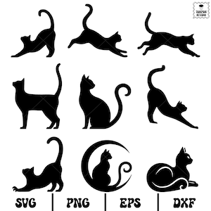May include: A collection of black cat silhouettes in various poses, including stretching, running, and sitting. The image includes the text "SVG", "PNG", "EPS", and "DXF" at the bottom, indicating file formats.