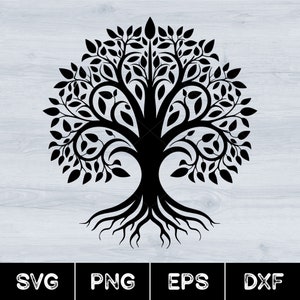 May include: Black and white silhouette of a stylized tree with a thick trunk and many branches. The tree has a large, full crown of leaves and a complex root system.