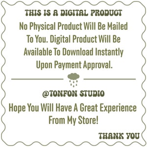 Puede incluir: Un anuncio de producto digital con el texto "THIS IS A DIGITAL PRODUCT No Physical Product Will Be Mailed To You. Digital Product Will Be Available To Download Instantly Upon Payment Approval." El texto est&aacute; en verde con una nube y gotas de lluvia sobre el texto "@TONFON STUDIO". El texto "Hope You Will Have A Great Experience From My Store!" est&aacute; debajo del nombre del estudio. El texto "THANK YOU" est&aacute; en la parte inferior de la imagen.