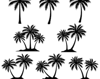May include: A set of eight black silhouette palm tree designs. The designs include single palm trees and groups of two and three palm trees.