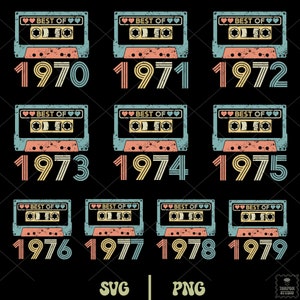 Lo mejor de 1970-79, cumpleaños Svg, años 70, paquete de cintas de casete, cumpleaños vintage Svg
