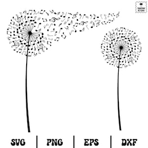 Music flower Svg, dandelion clipart with flying musical notes, Dandelion with Notes Svg