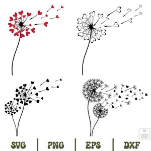 Könnte beinhalten: Vier Schwarz-Weiß-Löwenzahnmuster mit Herzen als Samen. Das Design oben links hat rote Herzen. Das Design oben rechts hat schwarze Herzen. Das Design unten links hat schwarze Herzen. Das Design unten rechts hat zwei Löwenzähne mit schwarzen Herzen.