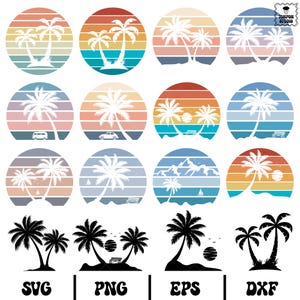 May include: A collection of tropical-themed designs featuring palm trees silhouetted against colorful sunset backgrounds. The designs are in a circular format with various color schemes and include text labels such as "SVG", "PNG", "EPS", and "DXF".