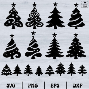 Pode incluir: Uma coleção de desenhos de árvores de Natal pretas com estrelas no topo. As árvores variam em estilo, desde silhuetas simples a padrões detalhados. A imagem inclui o texto "SVG", "PNG", "EPS" e "DXF" na parte inferior, indicando formatos de arquivo.