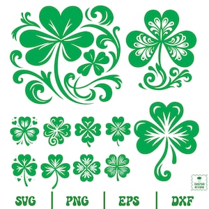 May include: A set of 10 green shamrock SVG cut files, perfect for crafting projects. The shamrocks are in various styles, including a large shamrock with swirls, a smaller shamrock with hearts, and a simple shamrock.