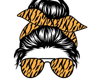 May include: A black and white illustration of a woman with a messy bun, wearing sunglasses and a headband with a tiger print.