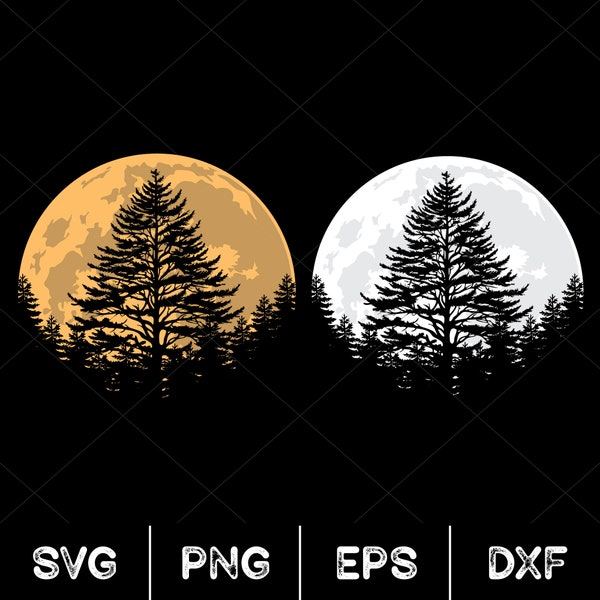 Full Moon Pine Trees, Forest Silhouette Svg