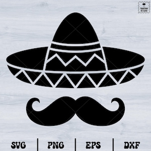 Peut inclure: Silhouette noire et blanche d'un sombrero avec une moustache en dessous. Le sombrero a une large bordure et une couronne haute avec une bande décorative.