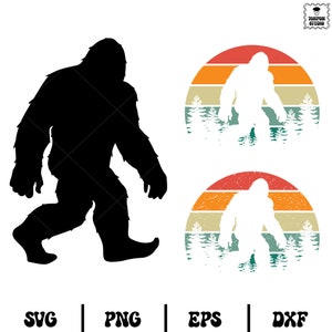 May include: A black silhouette of Bigfoot walking, and a white silhouette of Bigfoot walking in front of a retro sunset with trees. The image is for digital download and includes SVG, PNG, EPS, and DXF file formats.