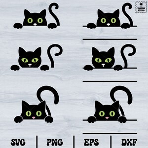 Peut inclure: Un ensemble de quatre fichiers de découpe SVG de silhouette de chat noir. Chaque chat est en train de regarder par-dessus une surface avec sa queue enroulée derrière lui. Les chats ont des yeux verts.