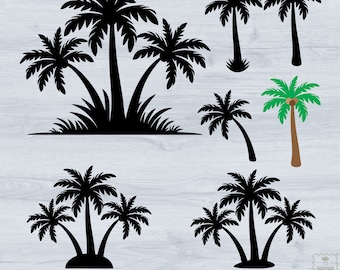 May include: A set of black silhouette palm tree SVG cut files. The set includes a single palm tree, a group of three palm trees, and a group of three palm trees with a small bush at the base.