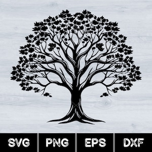 May include: Black silhouette of a large tree with a thick trunk and many branches. The tree is set against a light wood grain background.