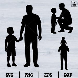 May include: Four black silhouette images of a father and son. The first image shows a father and son walking hand-in-hand. The second image shows a father looking down at his son. The third image shows a father and son standing side-by-side. The fourth image shows a father carrying his son on his shoulders.