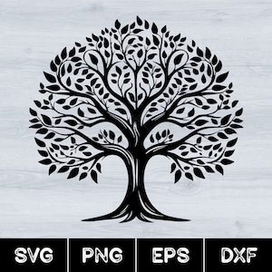 May include: Black silhouette of a tree with a thick trunk and many branches with leaves. The tree is isolated on a white background.