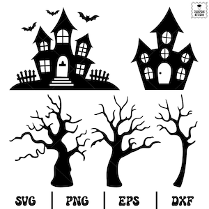 Op de afbeelding: Zwarte digitale Halloween-illustratie met twee spookhuizen, vleermuizen en kale bomen. De bestandsformaten SVG, PNG, EPS en DXF zijn inbegrepen. Het logo van Tonfon Studio staat rechtsboven.