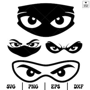 May include: Black and white graphic illustrations of ninja eyes, with various designs. The image includes the file types SVG, PNG, EPS, and DXF. The Tonfon Studio logo is in the upper right corner.