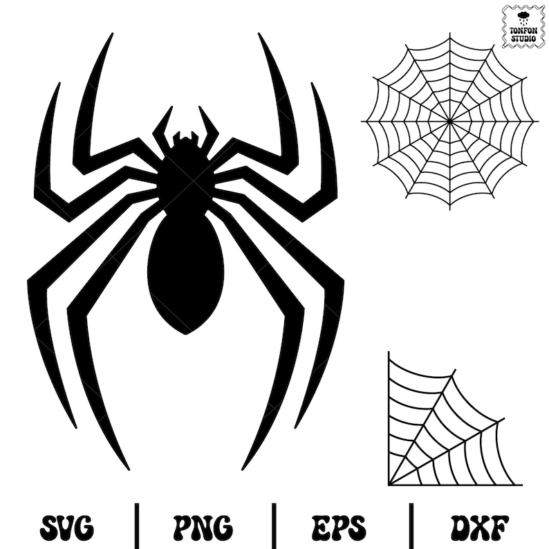 Pode incluir: Silhueta preta de uma aranha com oito patas e um corpo redondo. H&aacute; tr&ecirc;s imagens de teias de aranha no fundo.