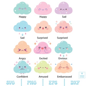 May include: A set of 12 cloud illustrations with different facial expressions, including happy, sad, surprised, angry, excited, envious, confident, amused, and embarrassed. Each cloud is a different color, including pink, blue, green, and orange.