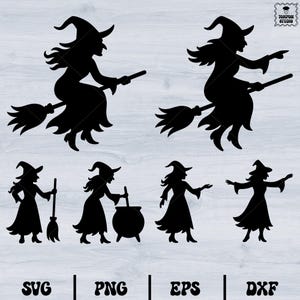May include: Black witch silhouettes in various poses, including flying on a broom, standing with a broom, and stirring a cauldron. The image includes the text "SVG | PNG | EPS | DXF" and the logo for "TONFON STUDIO".