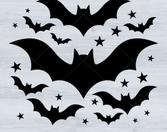 Morcegos e estrelas Svg, decorações de Halloween Svg, morcego de Halloween Svg, morcego voador de Halloween Svg
