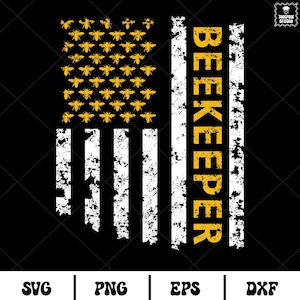 May include: A distressed American flag design with a yellow bee pattern in the top section and the word "BEEKEEPER" in yellow text on the right side.