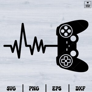 Puede incluir: Silueta en blanco y negro de un mando de videojuego con una línea de latido del corazón conectada a él. La imagen es un diseño gráfico para un jugador.