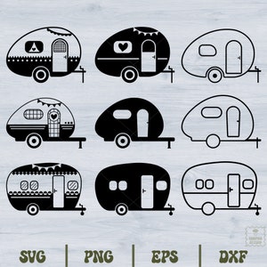 Könnte beinhalten: Neun schwarz-weiße Silhouette-Illustrationen von Vintage-Wohnwagen. Die Wohnwagen haben verschiedene Designs auf der Vorderseite, darunter Herzen, Flaggen und Punkte.