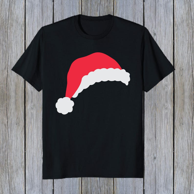 May include: A black t-shirt with a red and white Santa hat graphic.