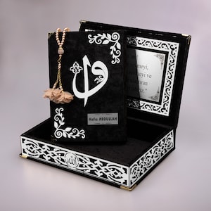 Personalized Silver Pattern Velvet Quran Gift Set with Pearl Tasbeeh, Ramadan - Eid Gift, Islamic Wedding Gifts for Him / Her, Birthday Gift