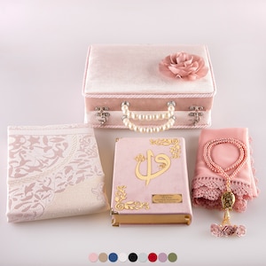 Velvet Quran Gift Set: Pearl Case, Prayer Mat, Tasbeeh, Shawl