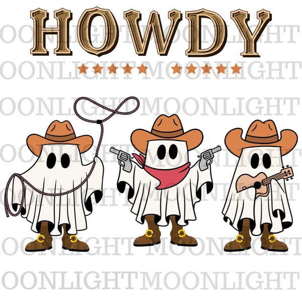 Cowboy halloween PNG & SVG high resolution files reading for printing. Western style cute ghosts ready to celebrate halloween !